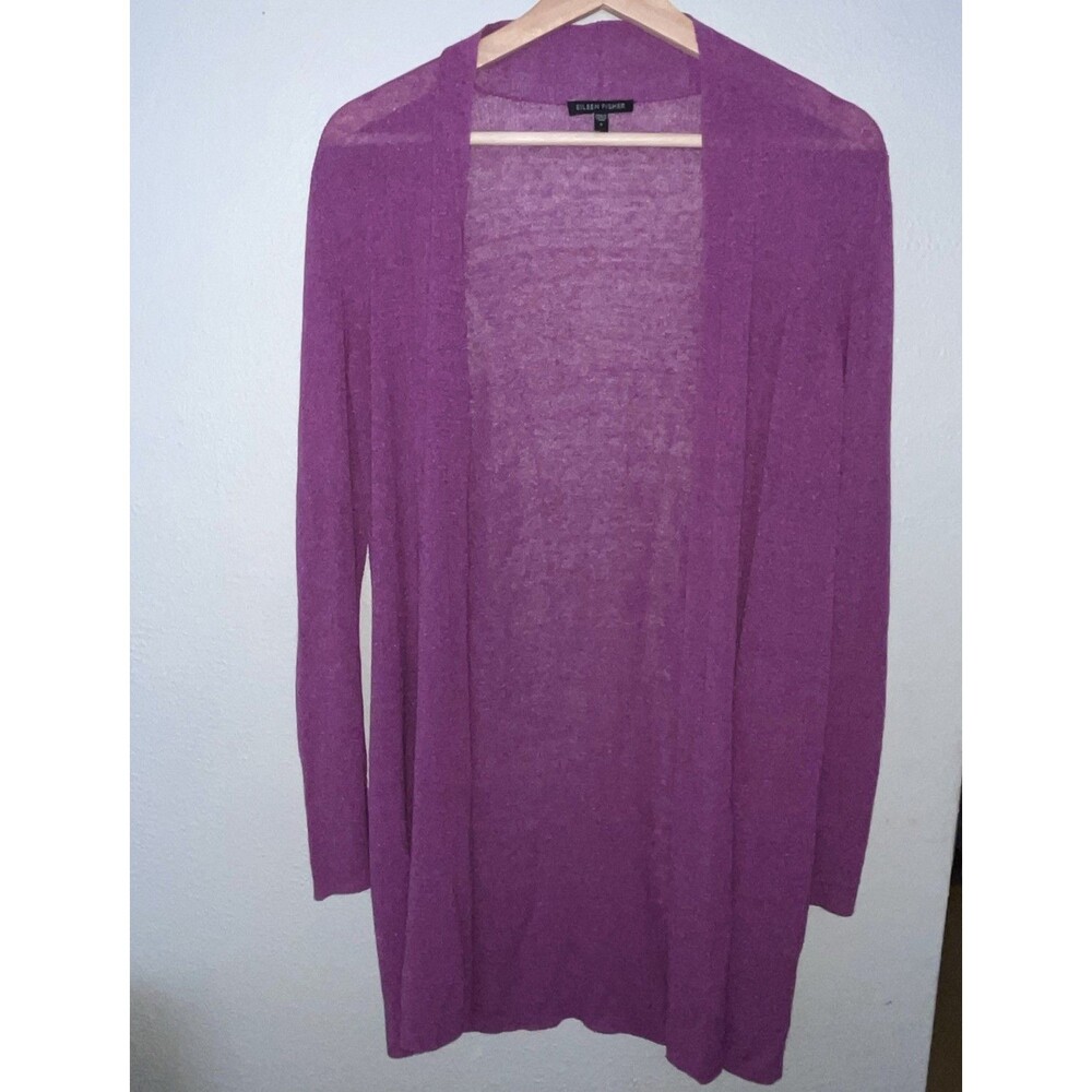 Eileen Fisher  Purple Linen Blend Open-Front Drape Cardigan Sweater, Size S